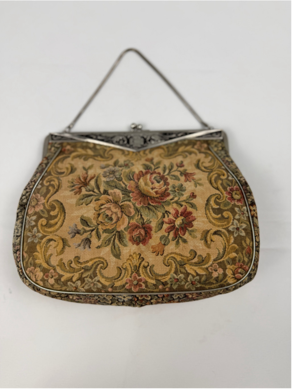 Vintage 50's La Marquise Floral Tapestry Kiss-lock Clutch Hand Bag Beige